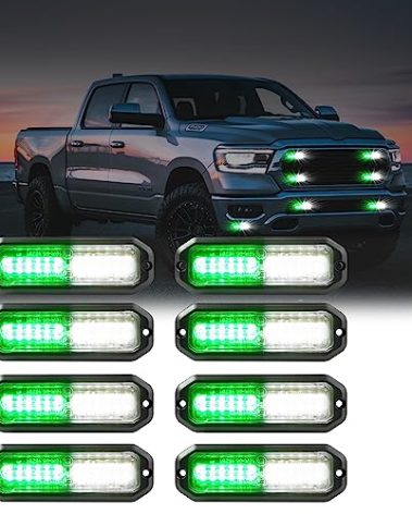 WINECO Green/White 8pcs Ultra Slim LED Emergency Strobe Police Lights, Surface Mount Grill Grille Hazard Safty Warning Flashing Light for Volunteer Trucks Vehicles