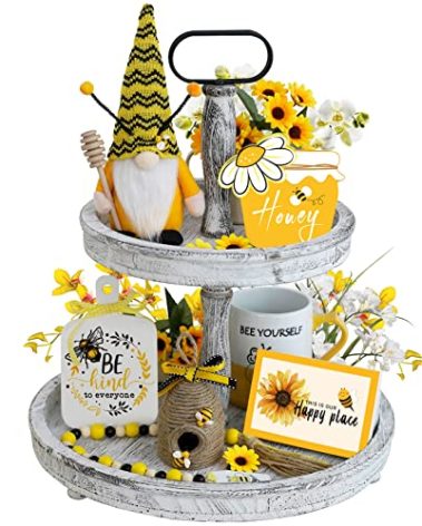 Bumble Bee Tray Decor Set, Gnome Tiered, Farmhouse Decor, Gnome Plush, 3 Signs, Bee Hive, Wood Garland, Rustic Kitchen Decor,Spring Summer Tray Décor, 6PCS