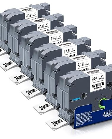 Absonic 6-Pack 24mm 0.94" Black on White Label Tape Compatible for Brother TZe-251 Tze251 Tz-251 24mm TZe Label Tape P Touch Tz 24mm 0.94 Laminated White for PTD600 PTD610BT PTP710BT PTP750W PTE550W