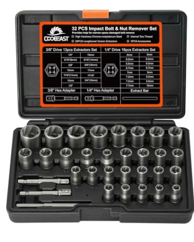 Coobeast Bolt Extractor Kit, 32Pcs Impact Bolt & Nut Remover Set, Stripped Bolt Extractor Socket Set for Damaged, Frozen, Rusted, Rounded, Broken Bolts Nuts Screws Remove