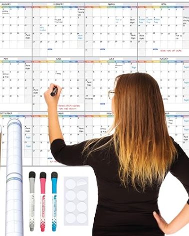 Large Dry Erase Calendar for Wall 46"x33" Rolled (No Creases) 12 Months Erasable Thick Undated Laminated Reusable Wall Planner Home Office School