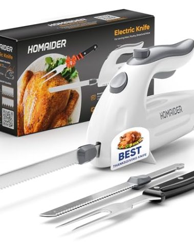 Homaider Electric Knife for Carving Meat, Turkey, Bread & More. Serving Fork and Carving Blades Included
