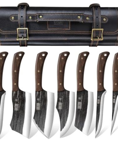 HOSHANHO Butcher Knife Set, Hand Forged Butcher Chef Knife Set with Roll Bag, Sharp Meat Cleaver Knife & Bone Chopper Knives & Fillet Knives for Home & Camping & BBQ Gift for Men