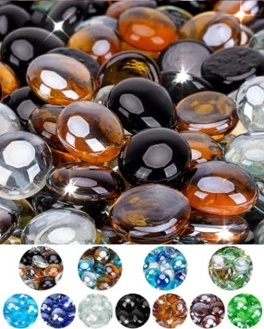 Mr. Fireglass 10 Pound Blended Fire Glass Beads, 1/2" High Luster Mixed Colored Fire Glass Drops for Fireplace Fire Pit & Lanscaping, Onyx Black, Crystal Ice, Caramel