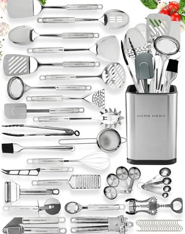 Home Hero 54 Pcs Stainless Steel Kitchen Utensils Set - Nonstick Stainless Steel Cooking Utensils Set - Heat Resistant Kitchen Essentials & Metal Kitchen Gadgets (54 Pcs)