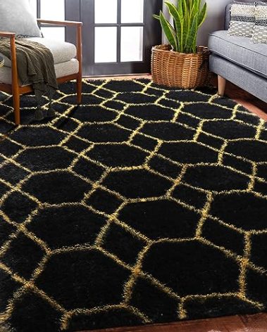 ONASAR Area Rugs for Bedroom Living Room, Washable 4x6 Fluffy Black and Gold Throw Rug, Shaggy Geometric Floor Mat for Home Decor, Soft Plush Carpet for Kids Teen Playroom Dorm Classroom Office