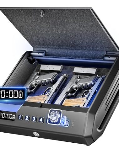 Biometric Gun Safe - 100 Fingerprints, 3-Ways Unlock Large Handgun Lock Box fits 4 Pistols, Silent Mode & Emergency Power for Home Nightstand & Car TOPMEDA