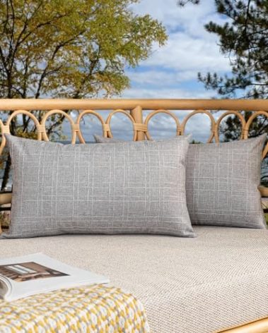 Kevin Textile Pack of 2 Outdoor Waterproof Throw Pillow Covers Decorative Square Outdoor Checkered Pillows Cushion Case Patio Pillows for Couch 12x20 inches 30x50 cm Grey