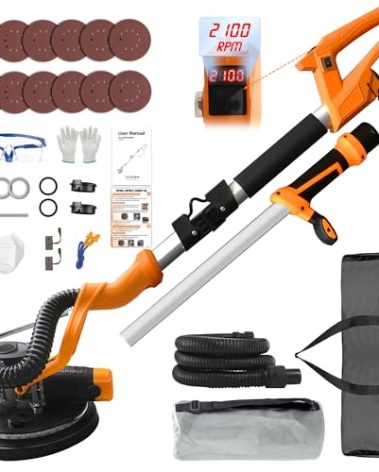 POPBULL Electric Drywall Sander (1050W) With Vacuum, Heavy Duty Drywall Sander with LCD Digital Display,9 Variable Speed 800-2100RPM,Foldable & Extendable Handle,12pcs Sanding Discs,Wood Floor etc