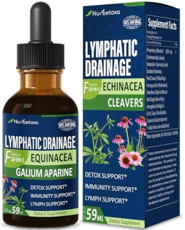Nurbetoxa Cleavers Lymphatic Drainage Drops for Lymph System Detox Cleanse, Lymphedema Support Supplement Formula w/Echinacea, Cat’s Claw, Red Clover Extract Tincture, Use with Lymph Massage Tool. 2oz