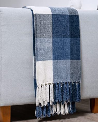RECYCO Buffalo Paid Chenille Throw Blanket for Couch, Soft Cozy Decorative Buffalo Check Blanket Throw with Tassels for Bed Sofa, Lightweight Chenille Knitted Throw, Plaid Navy Off White, 50'' x 60''