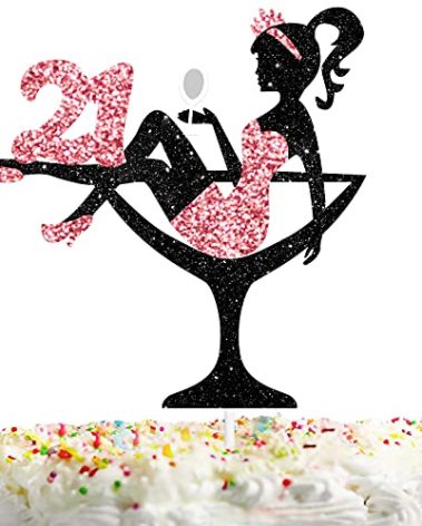 Sitting Girl Cake Topper Picks for Girl Lady 21st Birthday Makeup Spa Theme Party Decoration Supplies 21 Silhouette High Heeled Girl Cake Decor Rose Gold Glitter