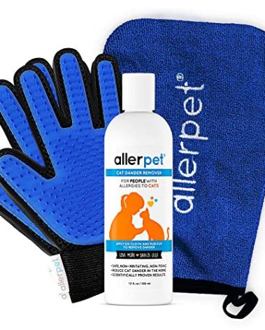 Allerpet Cat Dander Remover w/Free Pair of Grooming Gloves and Mitt - Effective Cat Dander Reduction, Anti Allergen Solution Made in USA - (12oz)