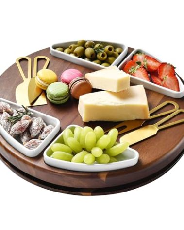 Shanik Upgraded Lazy Susan Cheese Cutting Board Set – Round Acacia Charcuterie Board with 4 Ceramic Bowls, Elegant Appetizer Tray Gift