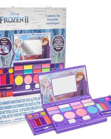 Disney Frozen All-in-One Kids Cosmetic Compact Set Includes Washable Lip Gloss, Eye Shimmer, Cheek Shimmer, Brushes Colorful Portable Beauty Set for Girls, Kids, and Toddlers Ages 3+ by Townley Girl