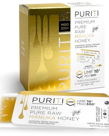 PURITI Genuine Raw Manuka Honey Snaps On The Go - UMF 10+ (MGO300+) 21 x 0.18oz Individual Snap Packets, Single Serve Honey Sticks for Tea, Travel & Snacks, Certified, Made in New Zealand