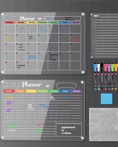 Hivillexun 3-Pack Acrylic Magnetic Dry Erase Calendar Whiteboard Set – Organize Your Refrigerator, Wall, or Fridge with Monthly, Weekly, and Daily Planners, Includes 8 Markers, Large Eraser, and Cloth