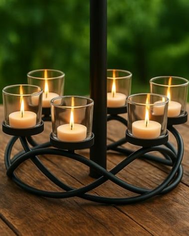 Seraphic Iron Round Table Decor Centerpiece Decorations Candle Holder for Weddings, Outdoor Patio, Kitchen, Dining Room, and Coffee Tables, Glass Votive Tealight Holders, Black, 6 Clear Cups