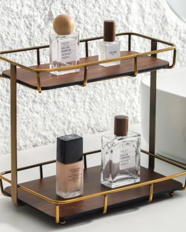 Bathroom Organizer Countertop Perfume Organizer Makeup Organizer Cosmetics Storage Display Rack Vanity Tray Dresser Stainless Steel Gold Shelf Wooden Tray