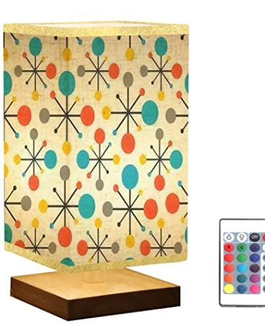 Square Bedside Table Lamp Mid Century Fifties Modern Atomic Retro Colors Seamless Wooden Base Fabric Shade Dimmable Nightstand Desk Lamp Living Room