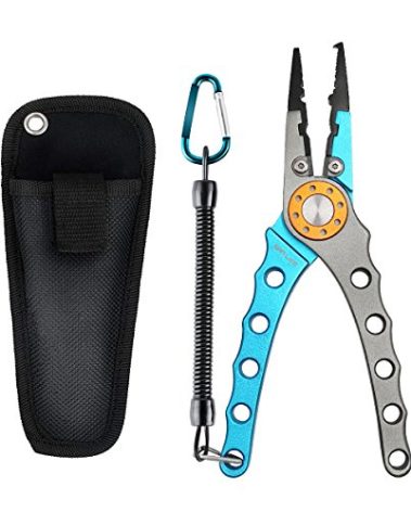 SAN LIKE Fishing Pliers Hook Remover, Aluminum Tungsten Carbide Cutters, Saltwater Resistant Fishing Gear Split Ring Fish Holder with Coiled Lanyard & Sheath - Fishing Gifts for Men(Blue)