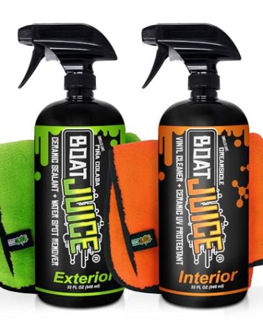 Boat Juice Necessity Boat Cleaner Kit | Exterior Water Spot Remover, Interior Seat & Vinyl Cleaner, 2 Microfiber Towels | Boat Cleaning & Detailing Kit, Marine Accessories | Made in USA (Kit)