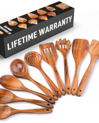 Zulay Kitchen 9-Piece Teak Wooden Utensils for Cooking - Smooth Finish Natural Teak Utensil Set - Non-Stick Wooden Spoons for Cooking - Kitchen Gift Set - Comfortable Grip Wooden Utensil Set