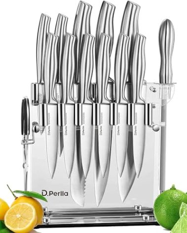 D.Perlla Knife Set, 14 Pieces Kitchen Knife Set with Clear Acrylic Knife Holder, Stainless Steel Super Sharp Chef Knife with Hollow Handle in One Piece Design