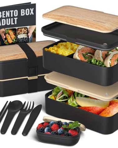 Bentoheaven Premium Bento Box Adult Lunch Box with Compartments for Women & Men, Set of Utensil & Chopsticks & Dip Container, Cute Japanese Kids Bento Lunch Box, Microwavable (Symph Onyx)