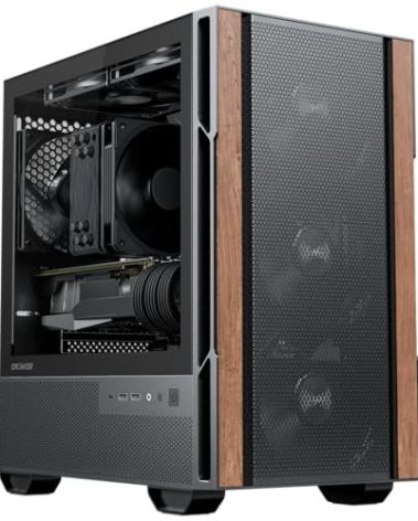 Okinos Genuine Walnut Wood Micro ATX Case, MATX PC Case with 4 × 120mm 3 Pin Non-PWM Case Fans Pre-Installed, Temper Glass Side Panel, with Type-C, Black, Cypress 3 Wood