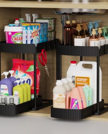 Ukeetap 2 Pack Multi-Purpose Pull-Out Storage Organizers, Under Sink Organizers and Storage for Bathroom & Kitchen, Under Cabinet Organizers and storage, 12.8 Inch, Black