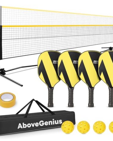 AboveGenius Pickleball Set with Net, Pickleball Paddles Set of 4, Portable Net for Driveway, Lightweight Rackets, 4 Outdoor Balls, 1 Storage Bag