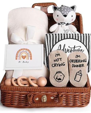 iAOVUEBY Baby Shower Gifts, Baby Gifts for Girls Boys, Unique Baby Gifts Basket Essentials Stuffs - Baby Lovey Blanket Newborn Bibs Socks Wooden Rattle & Greeting Card, Newborn Baby Gift Set