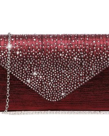 Dasein Women Satin Evening Bag Rhinestone Clutch Purse Wedding Prom Purse Formal Cocktail Party Handbag (Burgundy red)