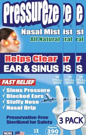 Pressureze All Natural Preservative-Free Sterile Nasal Spray - Fast Relief Nasal Spray - for Sinus Allergies, Loud Snoring & Congestion | 130 Sprays, 18 ml (Pack of 3)