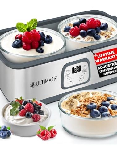 Ultimate Probiotic Yogurt Maker with Adjustable Time & Temp Control - Make Trillions of Live Probiotics with Two 1-Quart Containers for Larger Batches - Greek Yogurt Maker - ULTIMATE LIFETIME WARRANTY