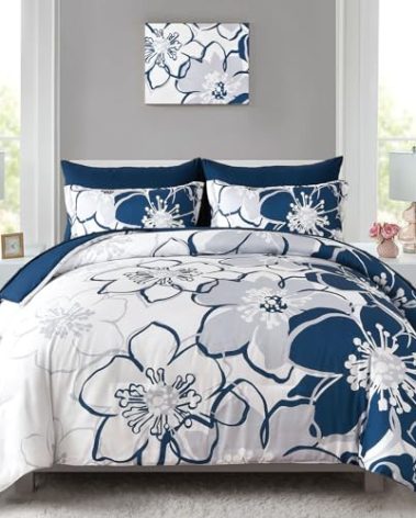 Navy Floral Comforter Set King Size 7 Piece, Blue Flower Bed in a Bag, Elegant Botanical Floral Comforter Soft Microfiber Complete Bedding Set for All Season, (Navy Blue, 104"x90")