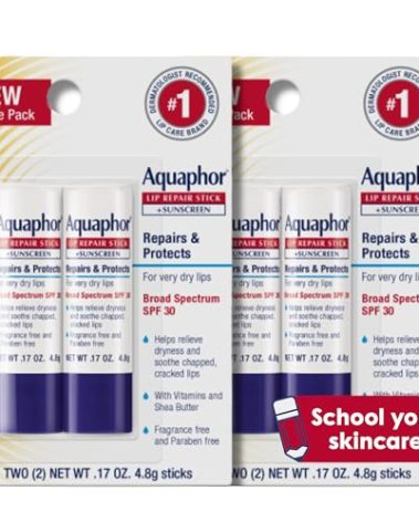 Aquaphor Lip Repair and Protect Stick with Sunscreen, Broad Spectrum SPF 30 Sunscreen Lip Balm, 0.17 Oz Stick, Pack of 4
