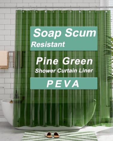 AmazerBath Shower Curtain Liner, 72x72 Transparent Pine Green Shower Liner, Lightweight Plastic Shower Curtain Liners, Waterproof Shower Liner for Bathroom with 3 Magnets and 12 Grommet Holes
