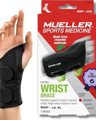 MUELLER Sports Medicine Green Fitted Wrist Brace for Men and Women, Wrist Pain Relief Support, Ideal for Carpal Tunnel, Tendonitis, Arthritis, Right Hand, Black, Large/X-Large