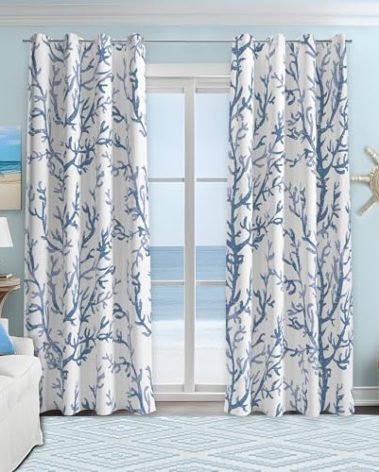 weesire Nautical Coastal Curtains Decorative Beach Ocean Coral 50% Light Blocking Sea Darkening Grommet Curtain for Villa Living Room, Bedroom Light Blue and White 2 Panels Set, 52x96 Inches