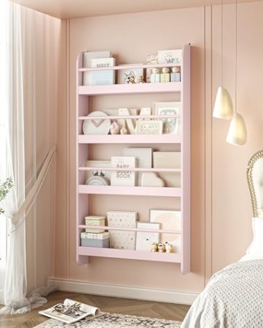 FOTOSOK Kids Bookshelf, Wall Mount 4-Tier Book Shelf Organizer for Toys and Books, Toy Storage Bookshelf in Bedroom, Living Room and Nursery, Pink