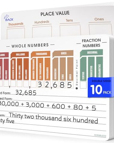 SCRIBBLEDO Place Value Chart Math Practice 9”x12” Small White Board Dry Erase Sheets Math Manipulatives Math Supplies Homeschool Teacher Students Classroom Pack of 10 Sheets