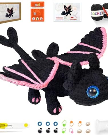 Terself Crochet Kit for Beginners, Learn to Crochet Dragon Animals - Step-by-Step Video Tutorials, Beginner Crochet Kit for Kids and Adults, Lovely Black Dragon (40%+ Yarn Content)