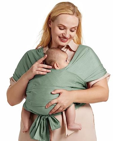 Momcozy Adjustable Buckle Baby Wrap Carrier Cooling Air-Mesh, Easy to Wear Baby Carrier Sling, Baby Carriers Newborn to Toddler 8-35lbs, Suit for Waist 47-57inch,Plus Size Grey Green