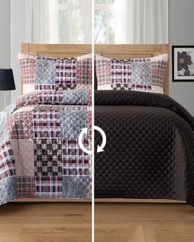 Elegant Comfort 3-Piece Plaid Patchwork Reversible Quilt - Soft Bedspread with Matching Pillow Shams, Heavy Weight Premium Stitching All Season Quilted Coverlet - King, Brown