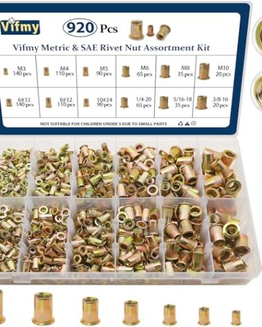 Vifmy Metric & SAE Rivet Nut Assortment Kit(920 Pcs), M3 M4 M5 M6 M8 M10#6-32#8-32#10-24 1/4"-20 5/16"-18 3/8"-16 UNC Flat Head Rivnut Set, Zinc Plated Finish Carbon Steel Nutsert