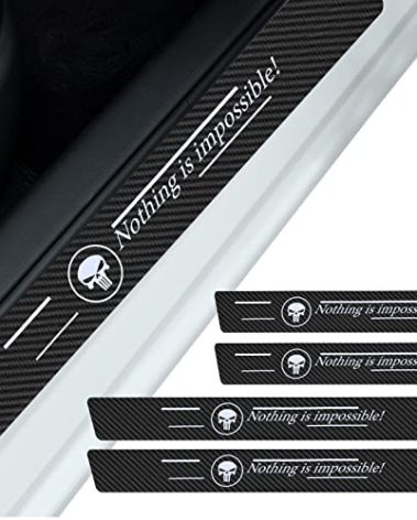 neynavy 4 PCS Car Carbon Fiber Leather Door Sill Protector, Universal Self-Adhesive Welcome Pedal Protector, Black Scratch-Resistant Door Edge Guards (Skull #Nothing is Impossible!), NEFZT508KLT-4PS