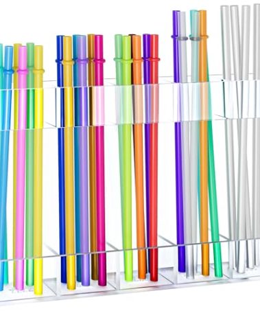Straw Holder for Cabinet Door,9.5" Large Acrylic Straw Organizer Storge Container with Ultra Sticky Adhesive Strips for Cabinet or Countertops,Space-Saving – Easy to Install