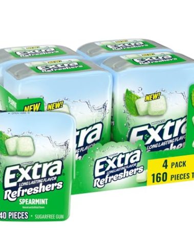 EXTRA Gum Refreshers Spearmint Bulk Chewing Gum - Sugar-Free, 40 Piece Resealable Bottle Pack of 4